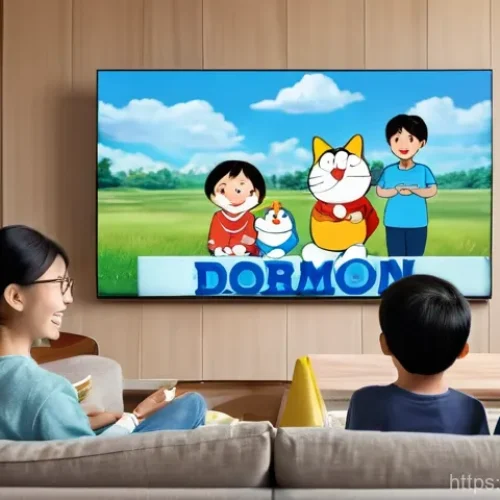 Home 18 도라에몽 방송 채널과 시간대 - **Prompt:** A cozy, brightly lit living room on a weekend morning. A family consisting of two smilin...