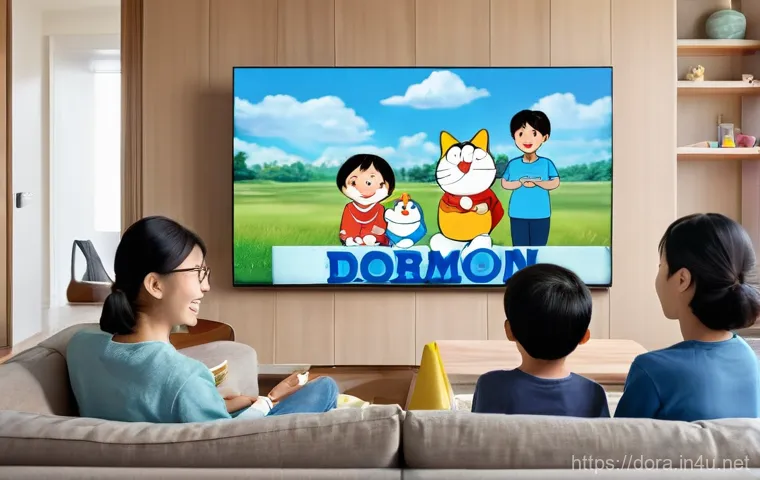 도라에몽 방송 채널과 시간대 - **Prompt:** A cozy, brightly lit living room on a weekend morning. A family consisting of two smilin...