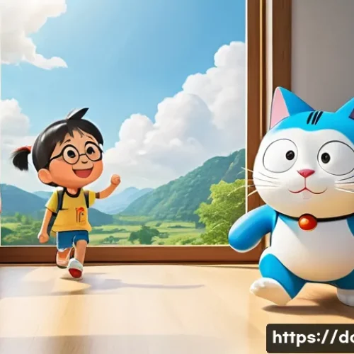 Home 8 도라에몽 주요 등장인물 소개 - Doraemon, the blue cat-robot, with his iconic red bell and a kind smile, is pulling a shining "Take-...