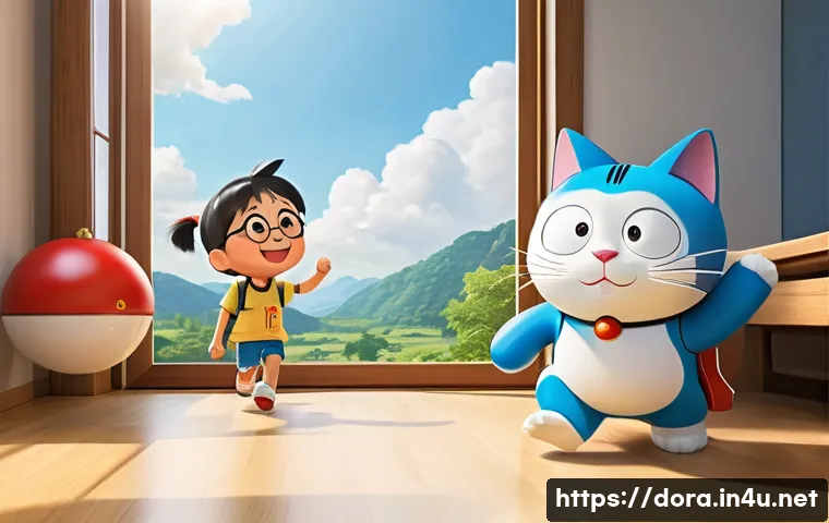 도라에몽 주요 등장인물 소개 - Doraemon, the blue cat-robot, with his iconic red bell and a kind smile, is pulling a shining "Take-...